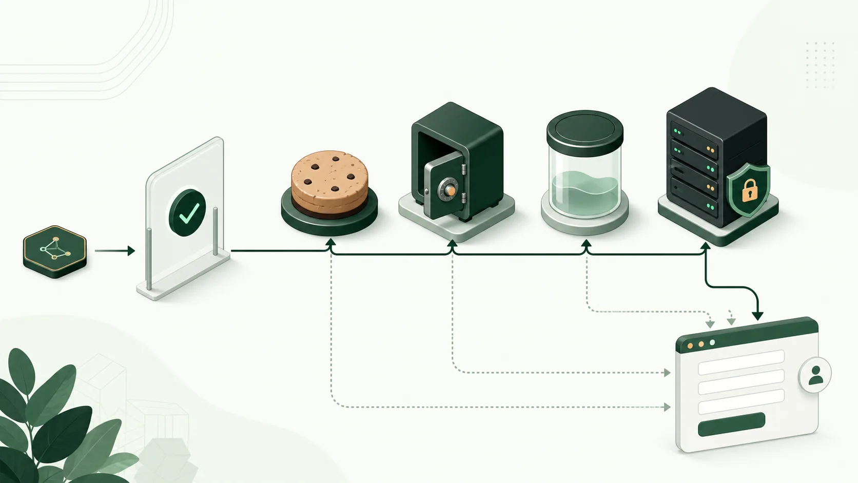 Visitor path across multiple pages, a consent gate, first-party storage, and a final form submission